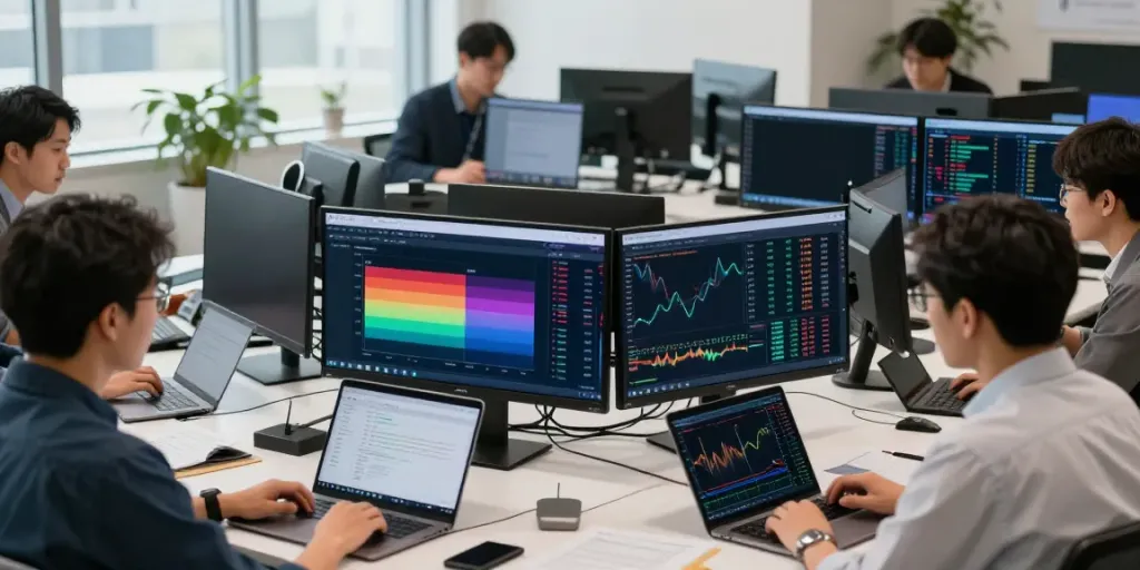 Dynamic trading scene with traders analyzing 日本株 WebSocket API alongside A-Shares and US stocks.