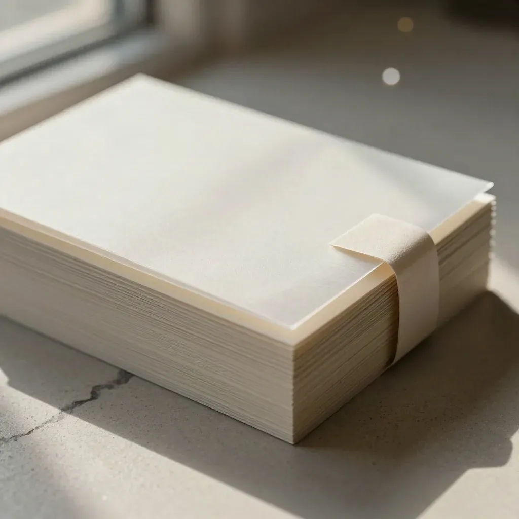 Cream mockup cards with acetate overlays and a binding tab on pale stone in soft warm light.
