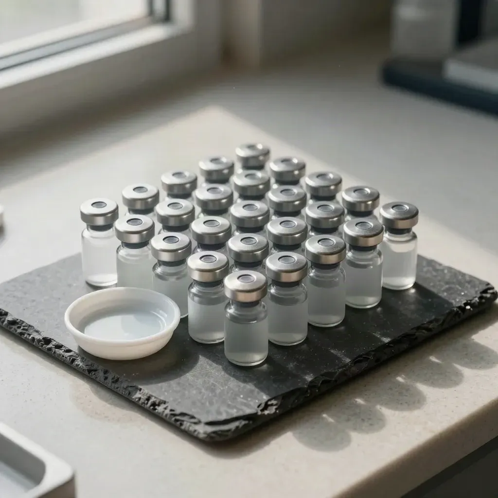 Top-down lab still life of vials, steel caps, ceramic dish, and graphite tray on pale stone.