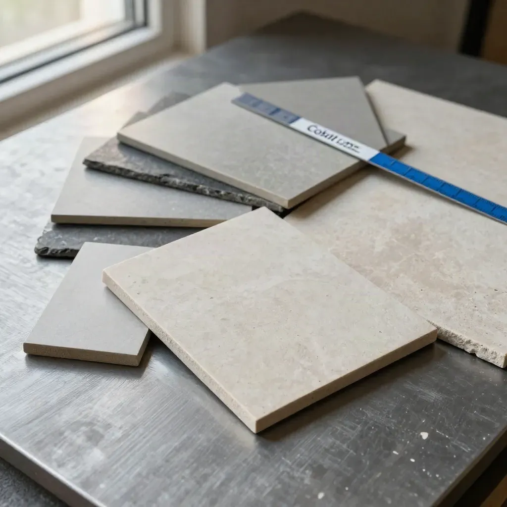 Overhead macro flatlay of brushed metal, stone and slate finish samples with a thin cyan strip.