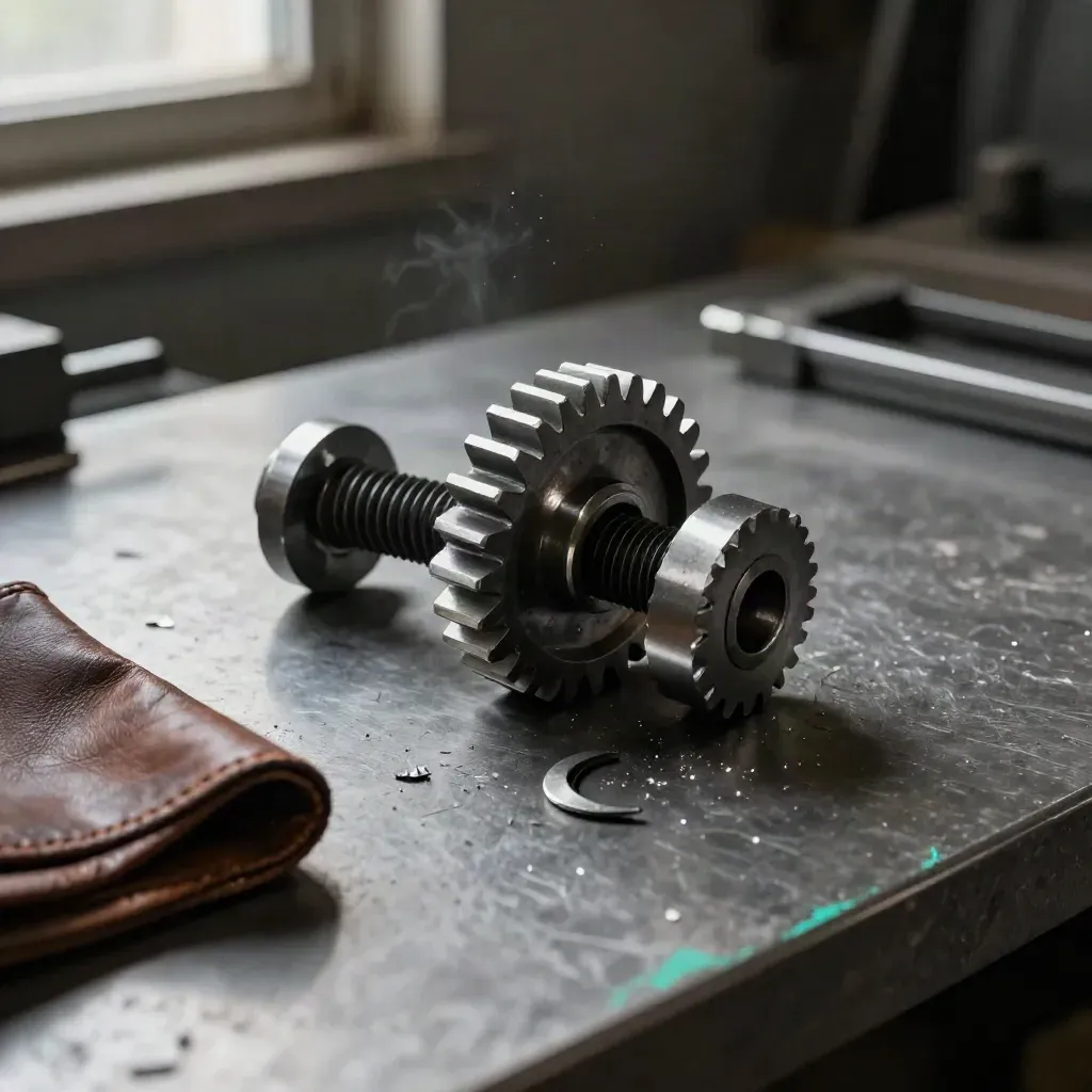 Steel gear blank, bolts, leather cloth, and shavings on a dark workbench