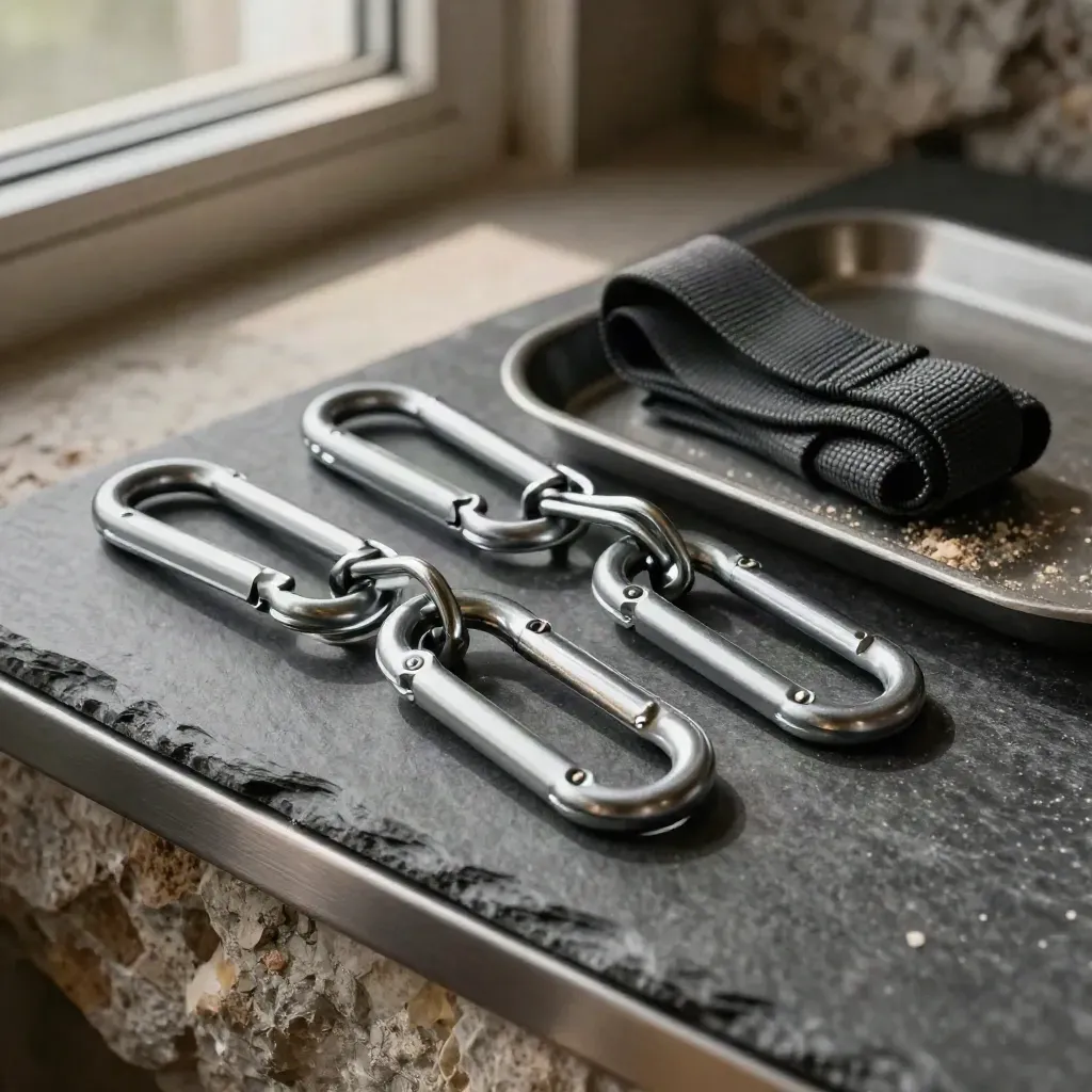 Climbing hardware still life with carabiners, anchor plate, webbing strap and tray on slate.