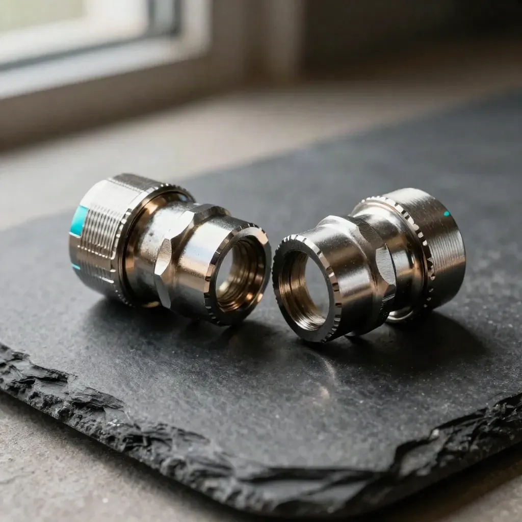 Stainless connector ends aligned on graphite stone with a blank metal nameplate and cyan edge glints