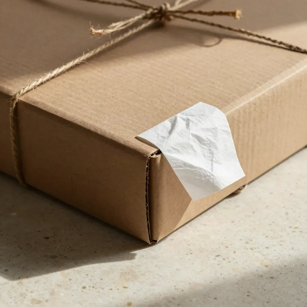 Shipping box corners with twine, tissue, and kraft seal on pale stone.