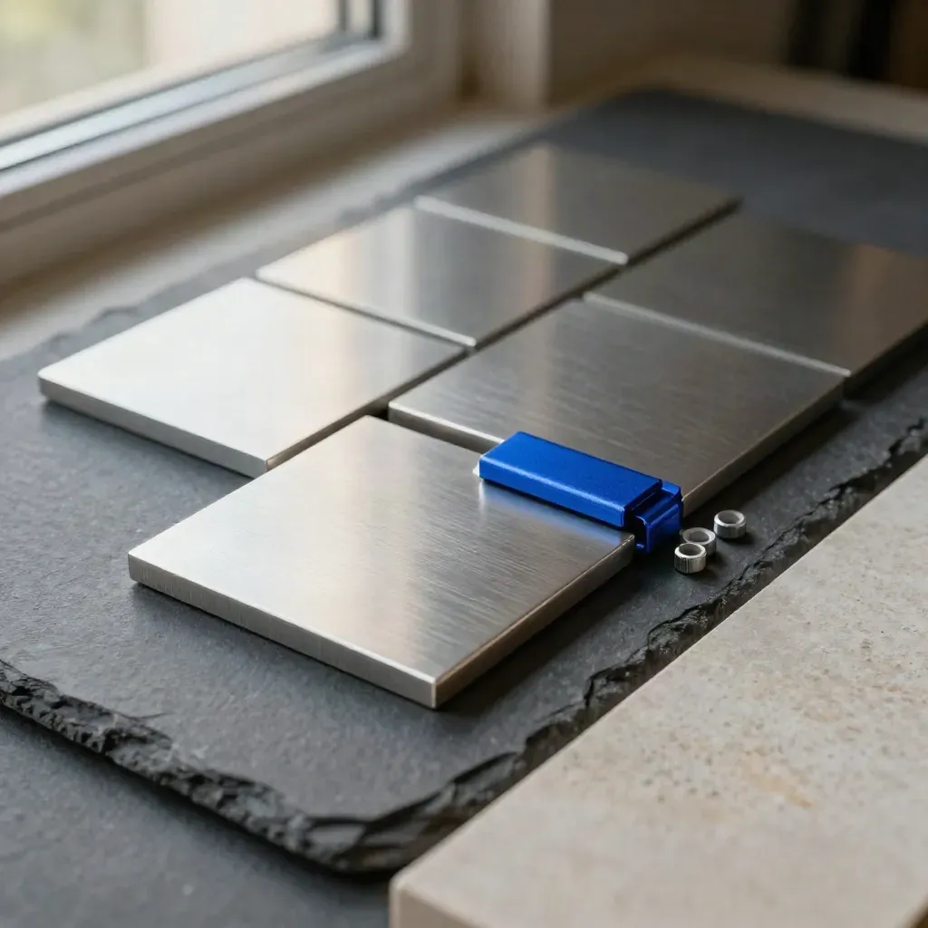 Anodized aluminum page tiles shifted mid-drag with a magnetic clip and spacers.