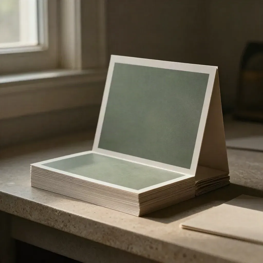 Template cards with lifted tabbed edges on a stone ledge in dramatic studio light