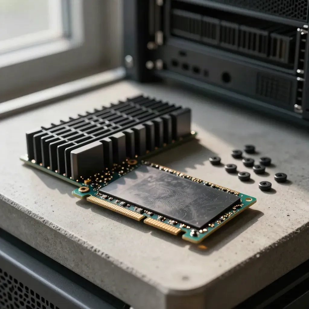 SSD module, heatsink, and screws on a concrete tray in soft daylight.