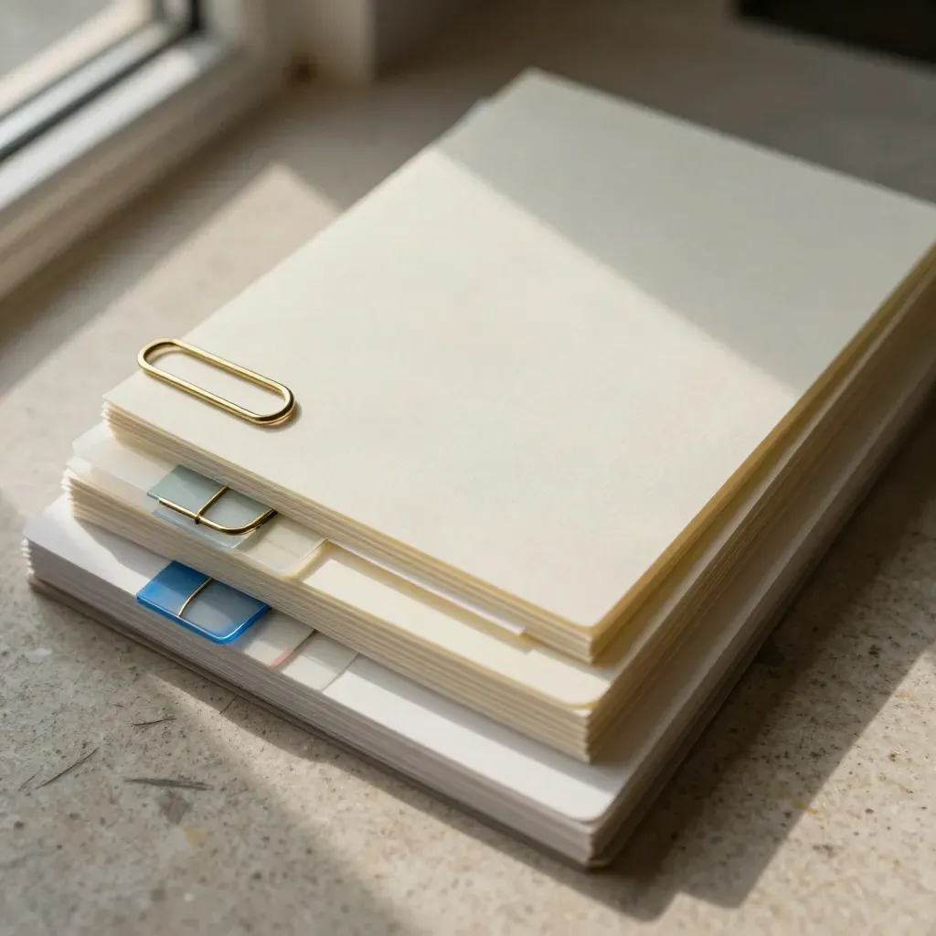 Macro of tabbed acetate overlays, blank cards, and brass clips on limestone.