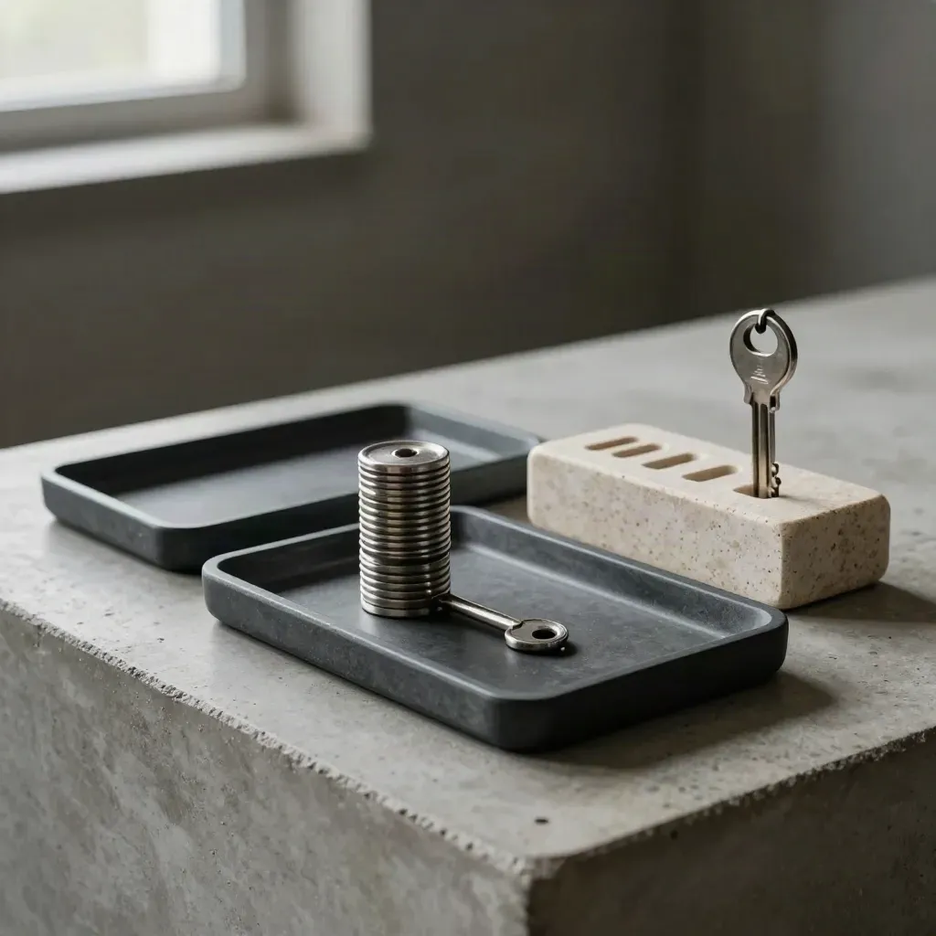 Linked form trays with stacked tokens and a counter block on concrete.