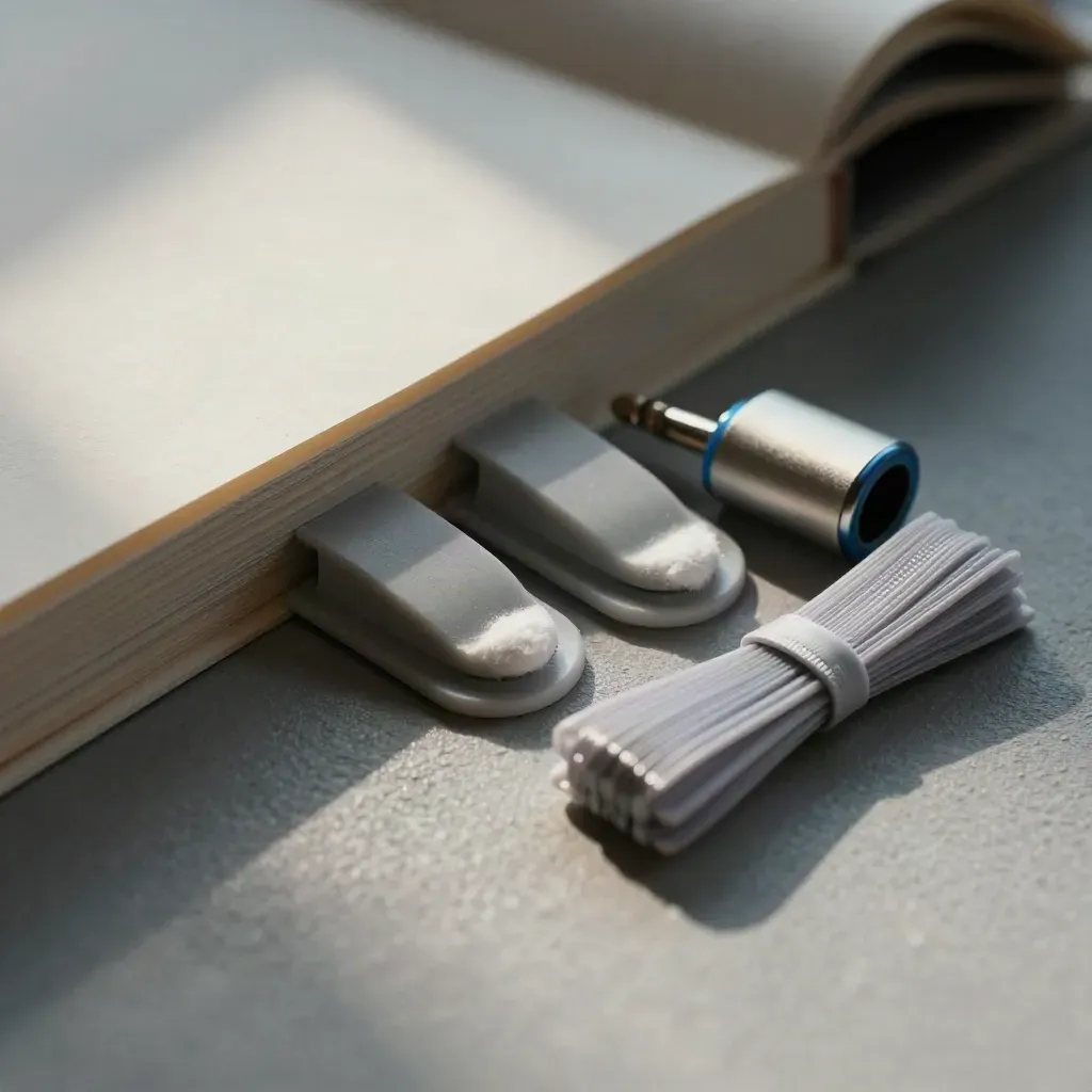 Macro still life of art paper, adhesive clips, audio adapter and cable ties on a plaster surface.