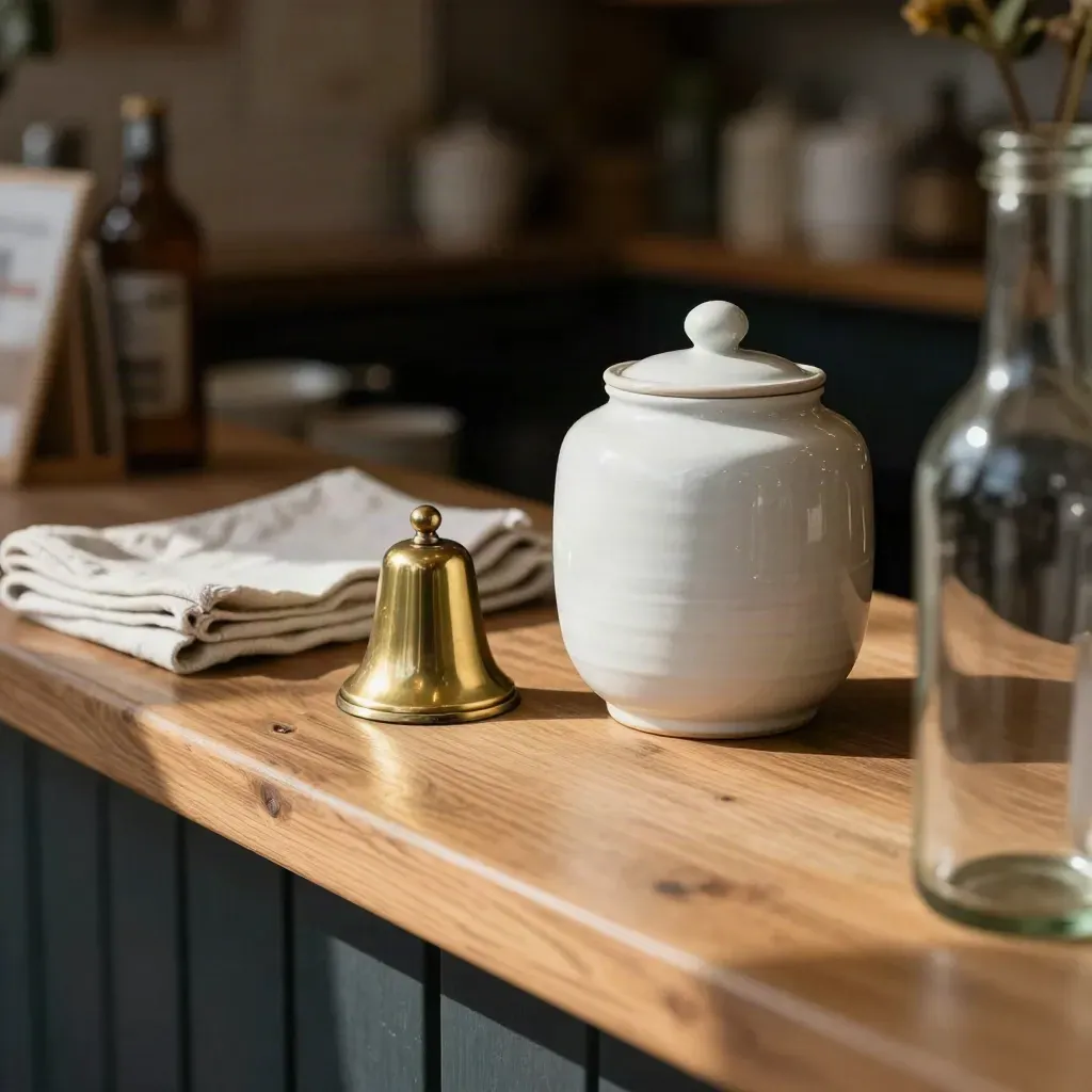Tip jar, brass doorbell, linen cloth and glass bottle on a warm shop counter.