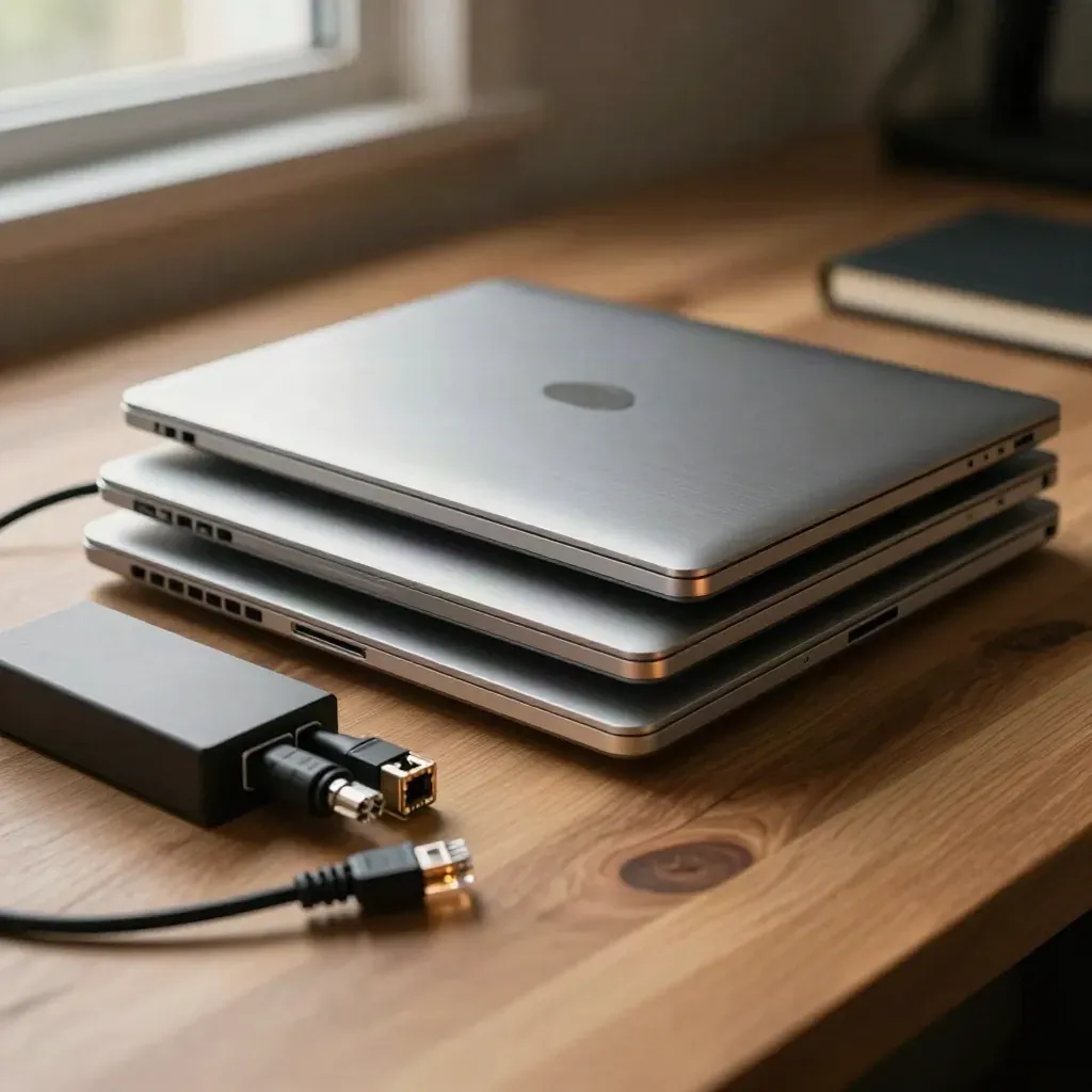 Closed laptop shells with adapters and dock on oak, shot as a premium startup kit still life.