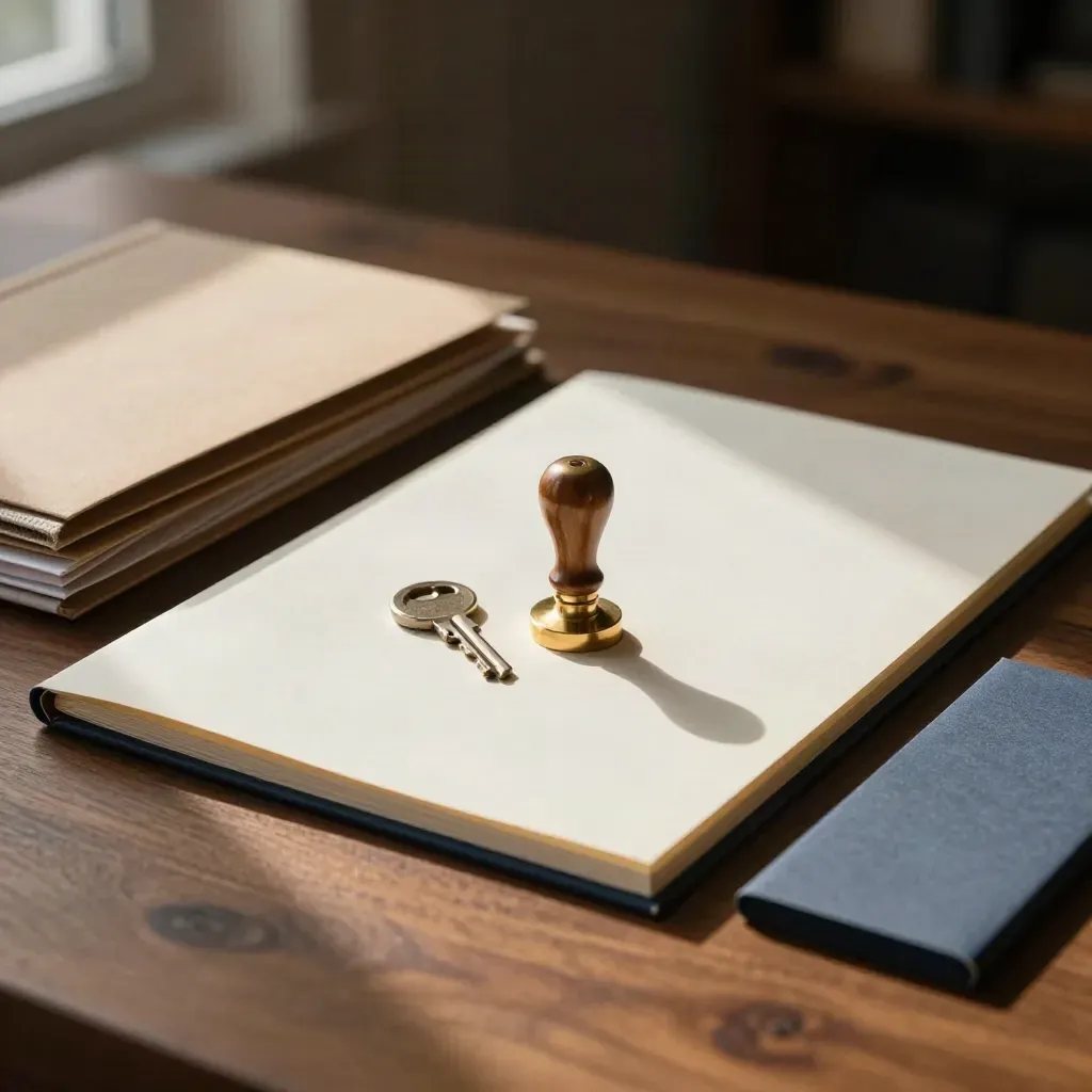 Brass wax stamp beside folder and paper sleeves on a walnut surface in dark bokeh