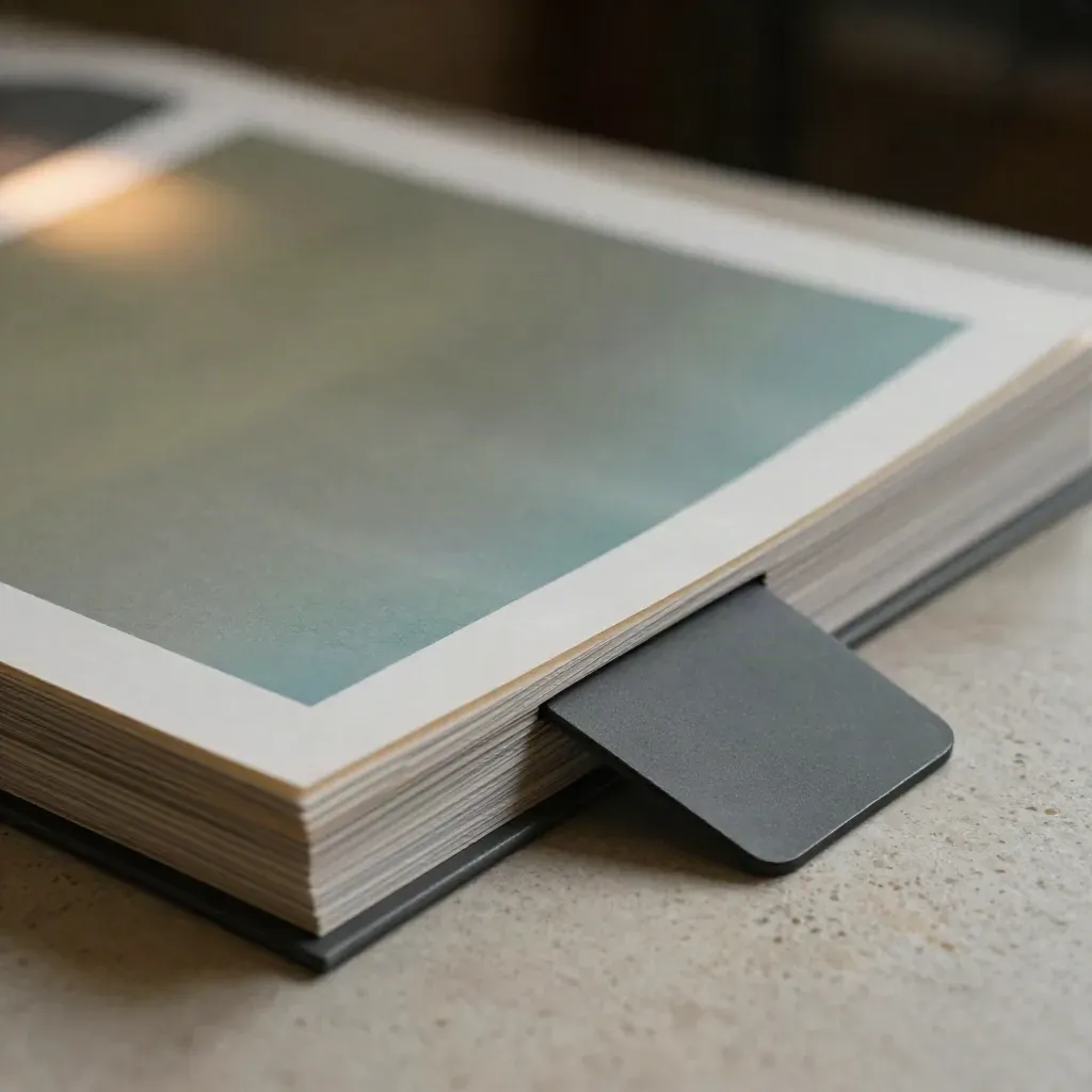 Macro proof sheets and translucent sleeves with clips on pale stone, softly lit with a cyan accent.