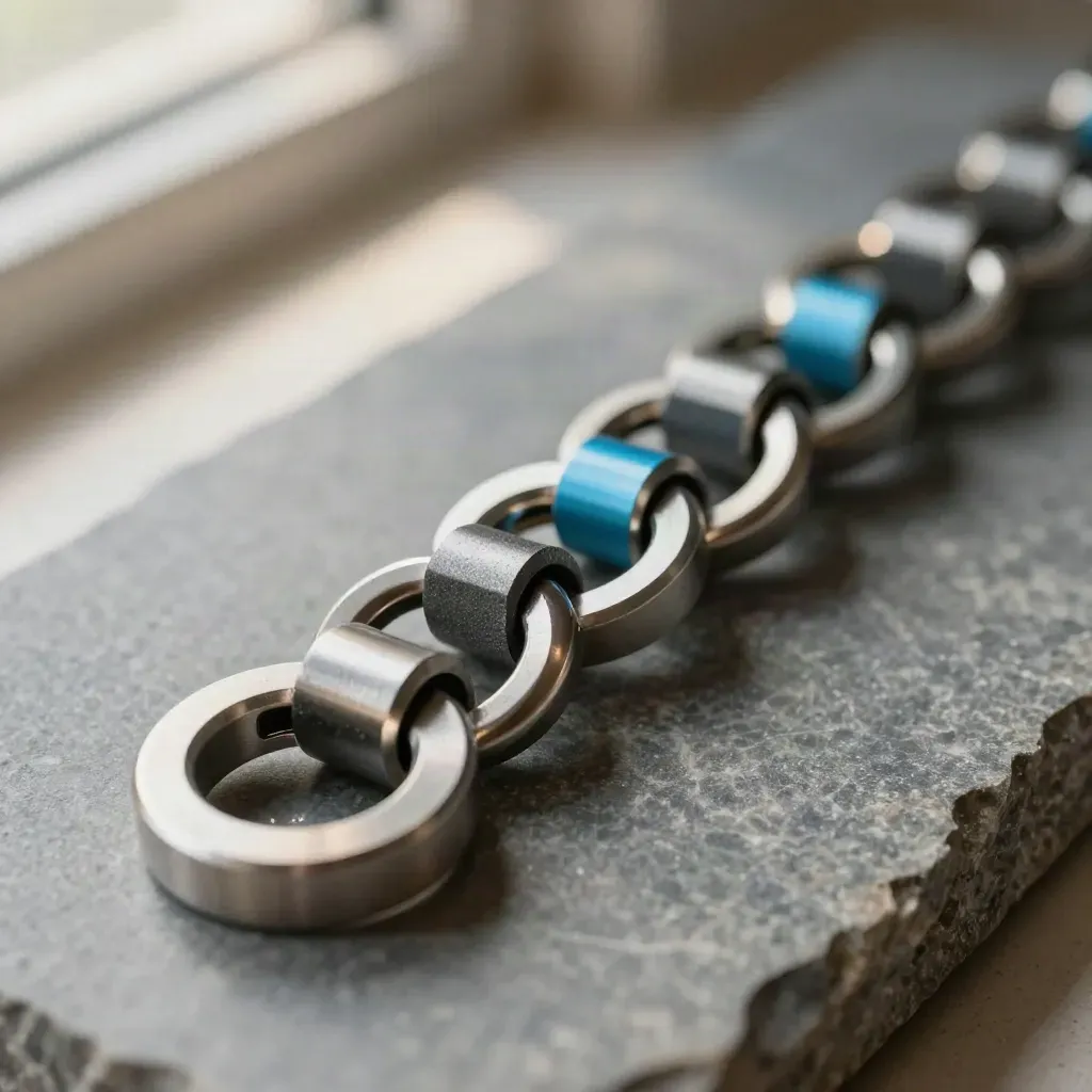Macro chain of machined connectors and modular blocks on stone with a cyan accent.