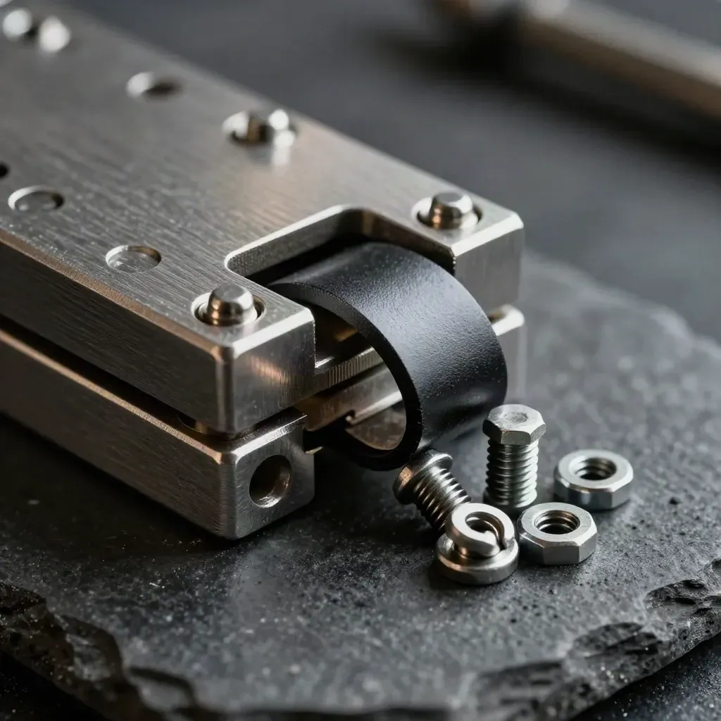 Macro of metal hinge plates, hex standoffs and a partly open clamp on dark stone