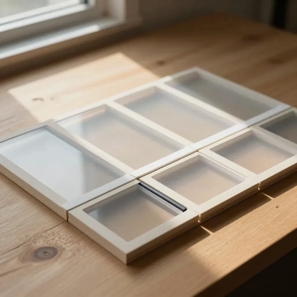 Neat modular blocks, acetate inserts, and dividers arranged on warm oak in soft daylight.