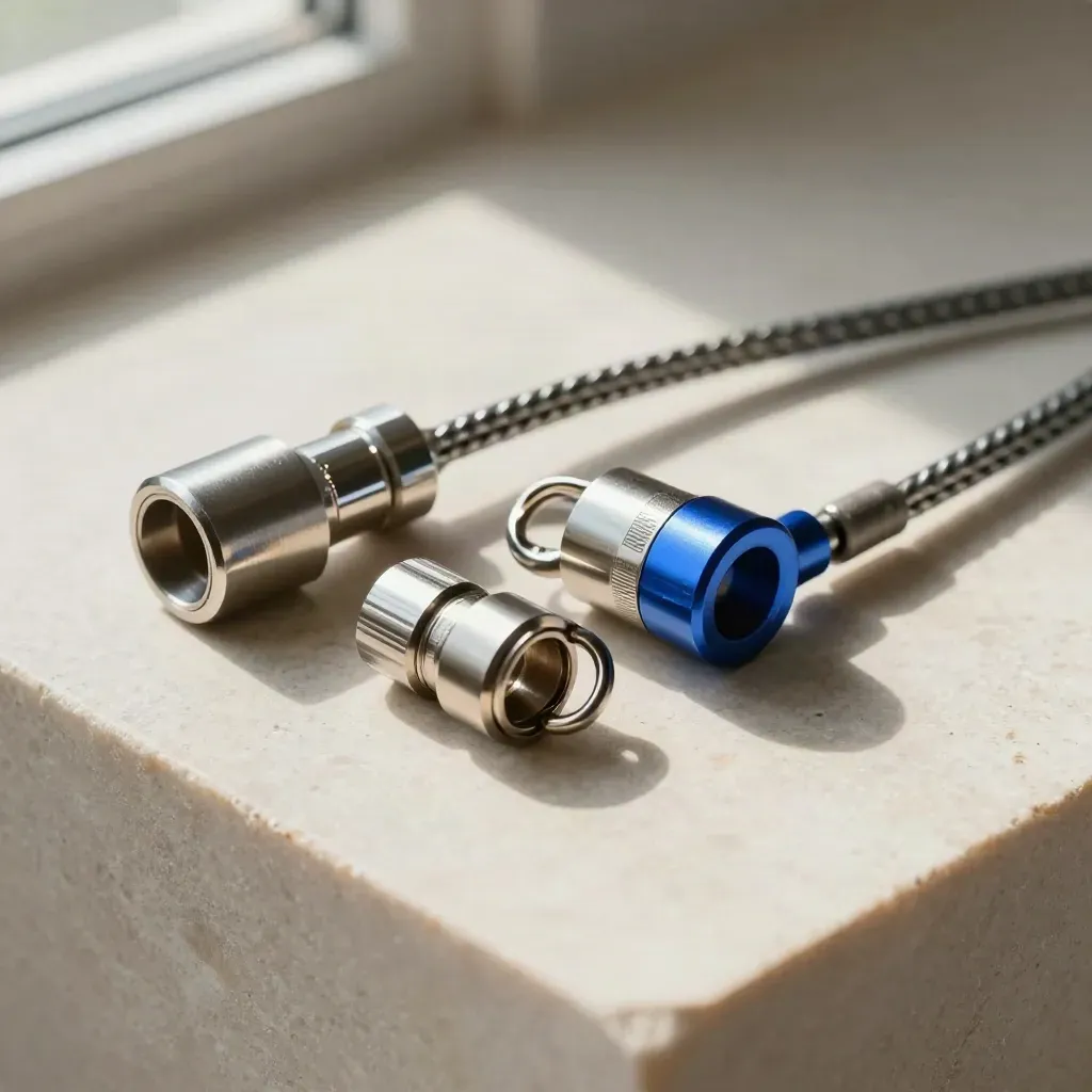 Overhead still life of polished payment connectors and braided lead on pale stone