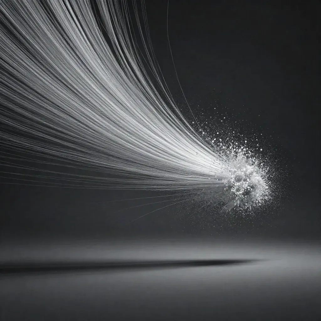 Silver filaments bloom in graphite haze, off-centre with calm lower-third copy space.